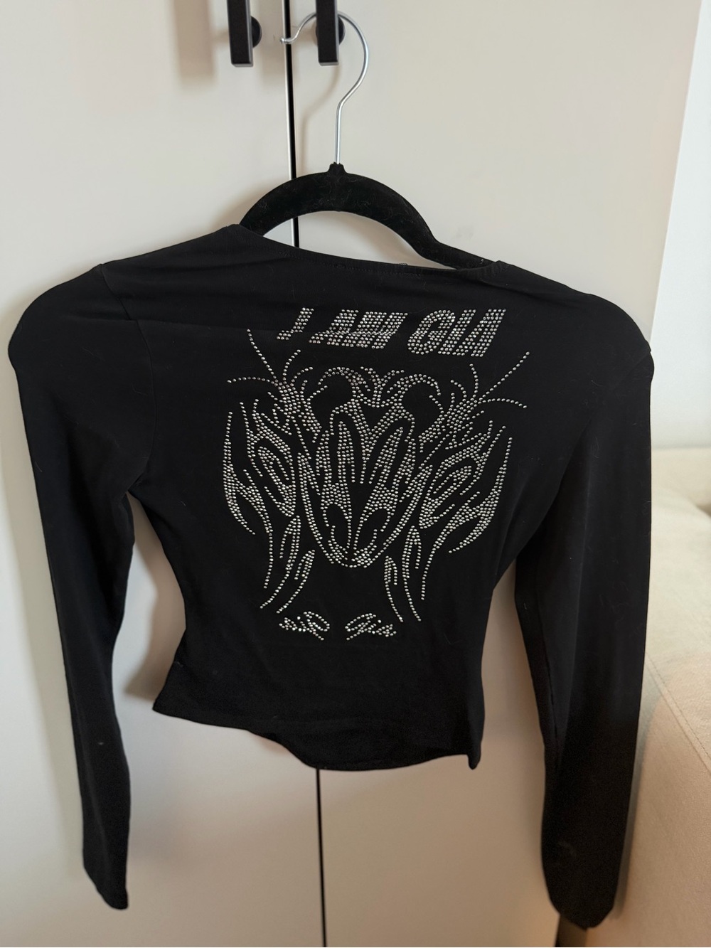 Black Long-Sleeve Rhinestone Graphic Tee - Women's